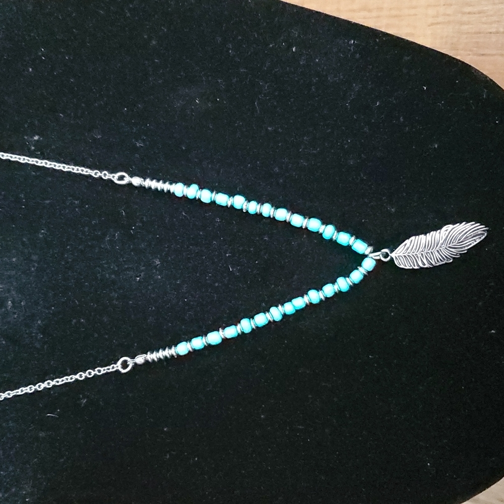 Feather Necklace with Faux Turquoise Beads